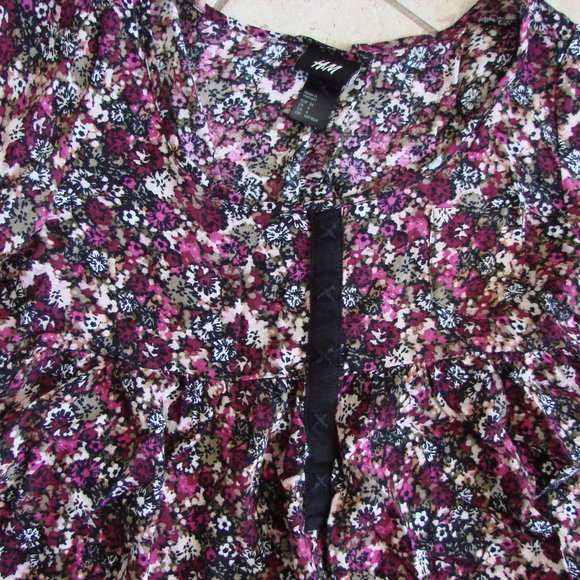 H&M Purple Pink Black Floral Boho Babydoll Peasant Dress - Picture 2 of 15